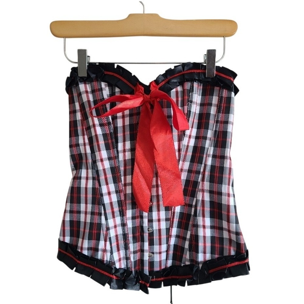 Plaid Sweetheart Corset & G-String Lingerie Set Black‎ White Red